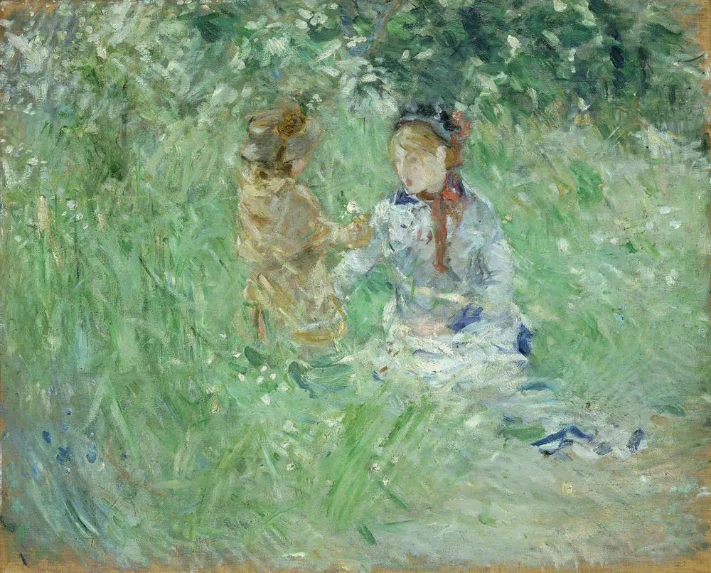 Femme et enfant dans un pré à Bougival - Berthe Morisot image 1 reproduction de peinture à l’huile