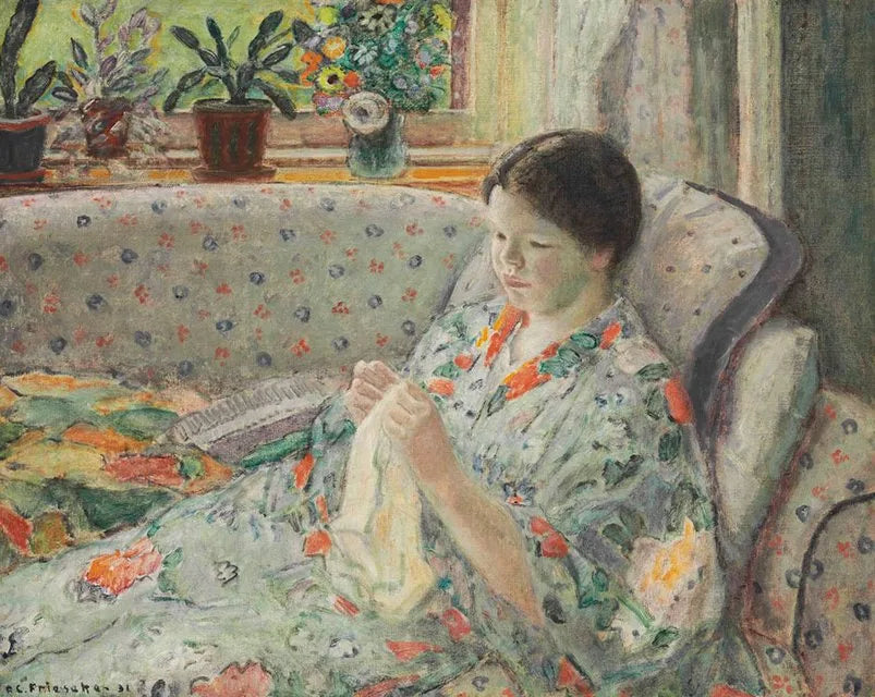 Девочка шьет (китайское платье) - Frederick Carl Frieseke