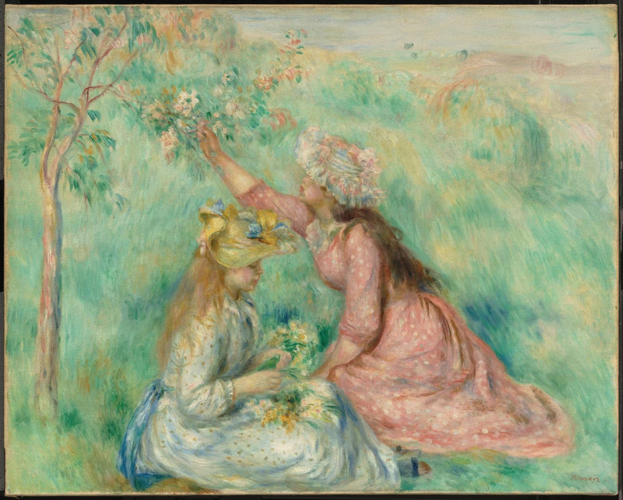 Filles cueillant des fleurs dans un pré, vers 1890, Renoir – reproduction peinture à l’huile