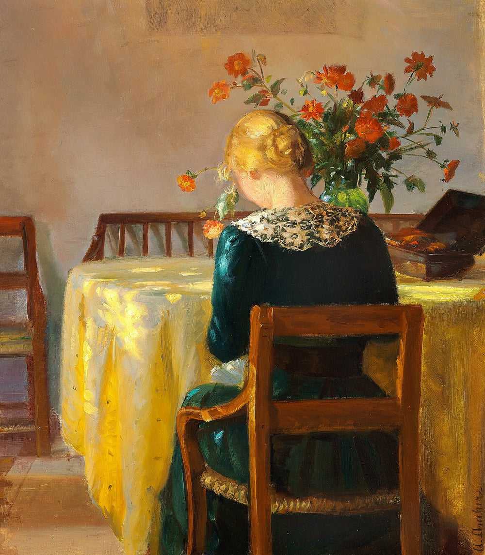 Intérieur avec Helga, la fille du peintre, en train de coudre - Anna Ancher image 1 reproduction réalisée par Alpha Reproduction