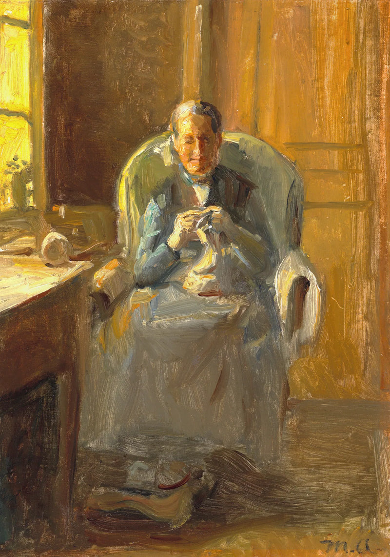 Intérieur avec une femme tricotant au soleil près de la fenêtre. - Michael Peter Ancher