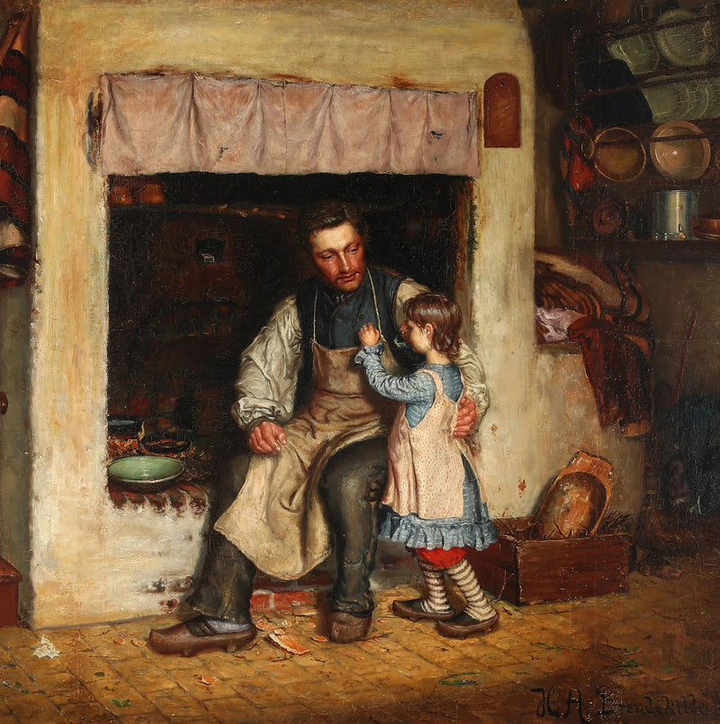 Интерьер кухни с маленькой девочкой и мужчиной. - H. A. Brendekilde