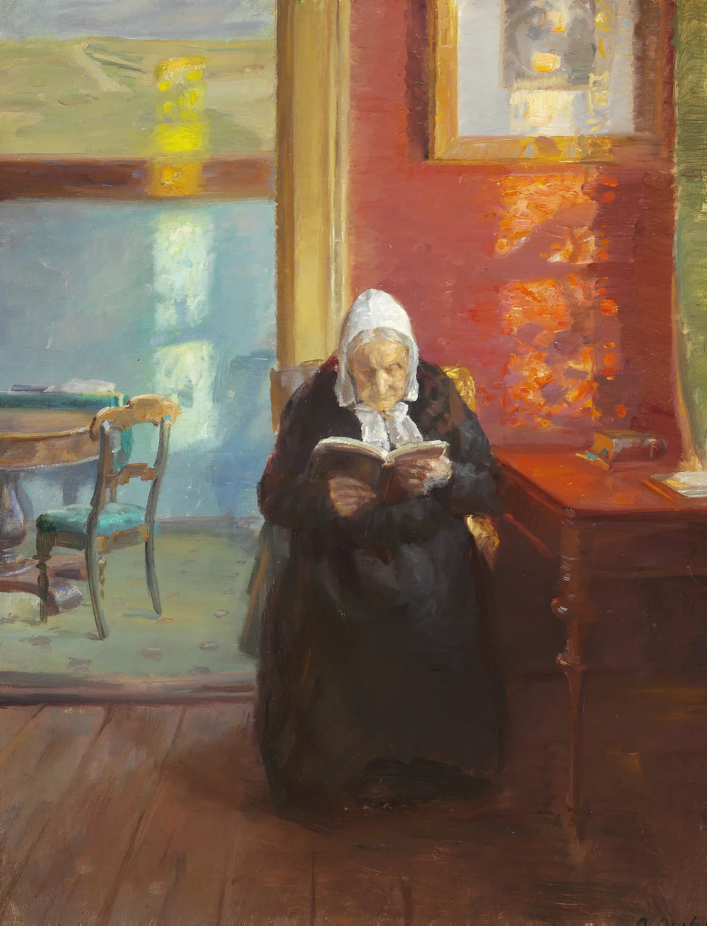 Intérieur de la chambre rouge avec la mère de l'artiste, Ane Brøndum, en train de lire - Anna Ancher image 1 reproduction d’œuvre d’art à l’huile