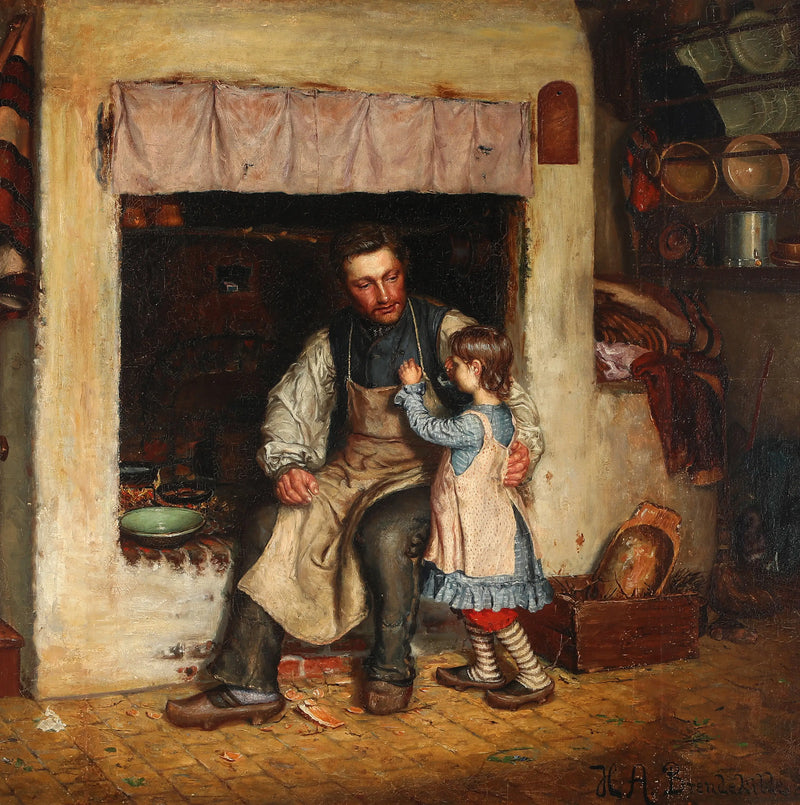 Интерьер кухни с маленькой девочкой и мужчиной. - H. A. Brendekilde