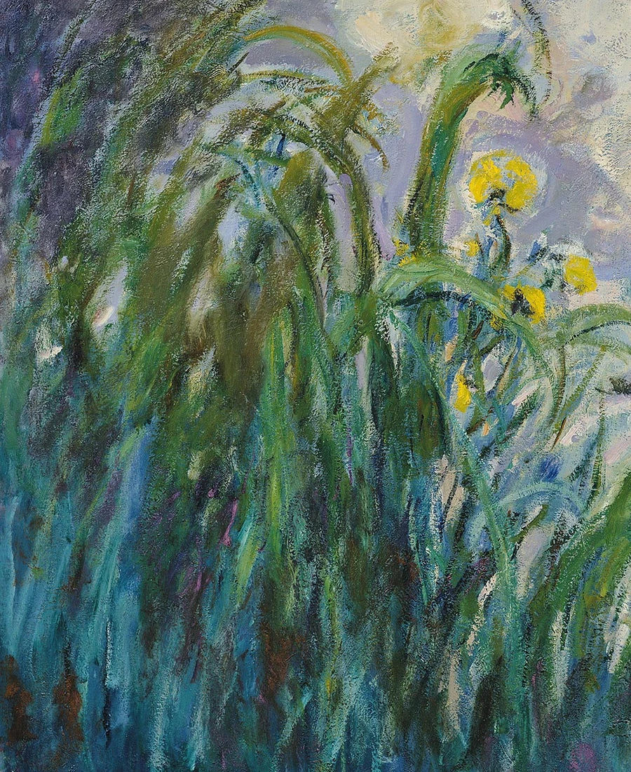 Détail du feuillage dense dans Les Iris jaunes de Claude Monet