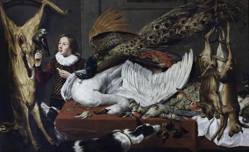 Jeu suspendu avec un cygne et un paon sur une table et un page tenant un perroquet - Frans Snyders image 1 reproduction de peinture à l’huile