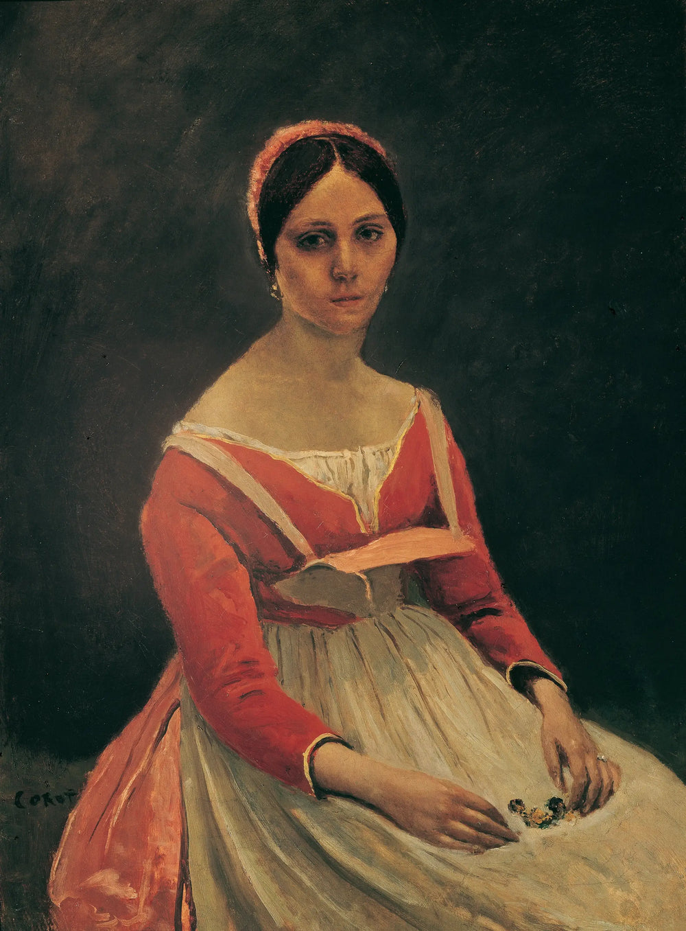Jeune femme assise des fleurs entre les mains - Jean-Baptiste Camille Corot - Alpha Reproduction