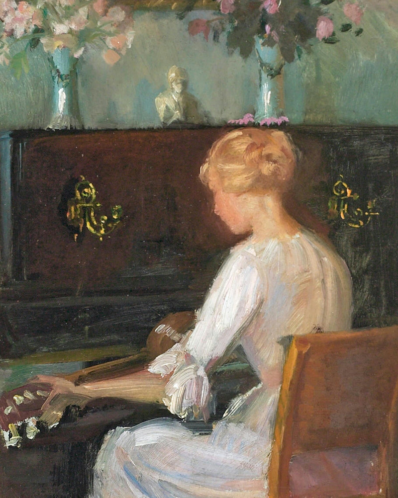 Молодая женщина, играющая на гитаре перед фортепиано - Anna Ancher