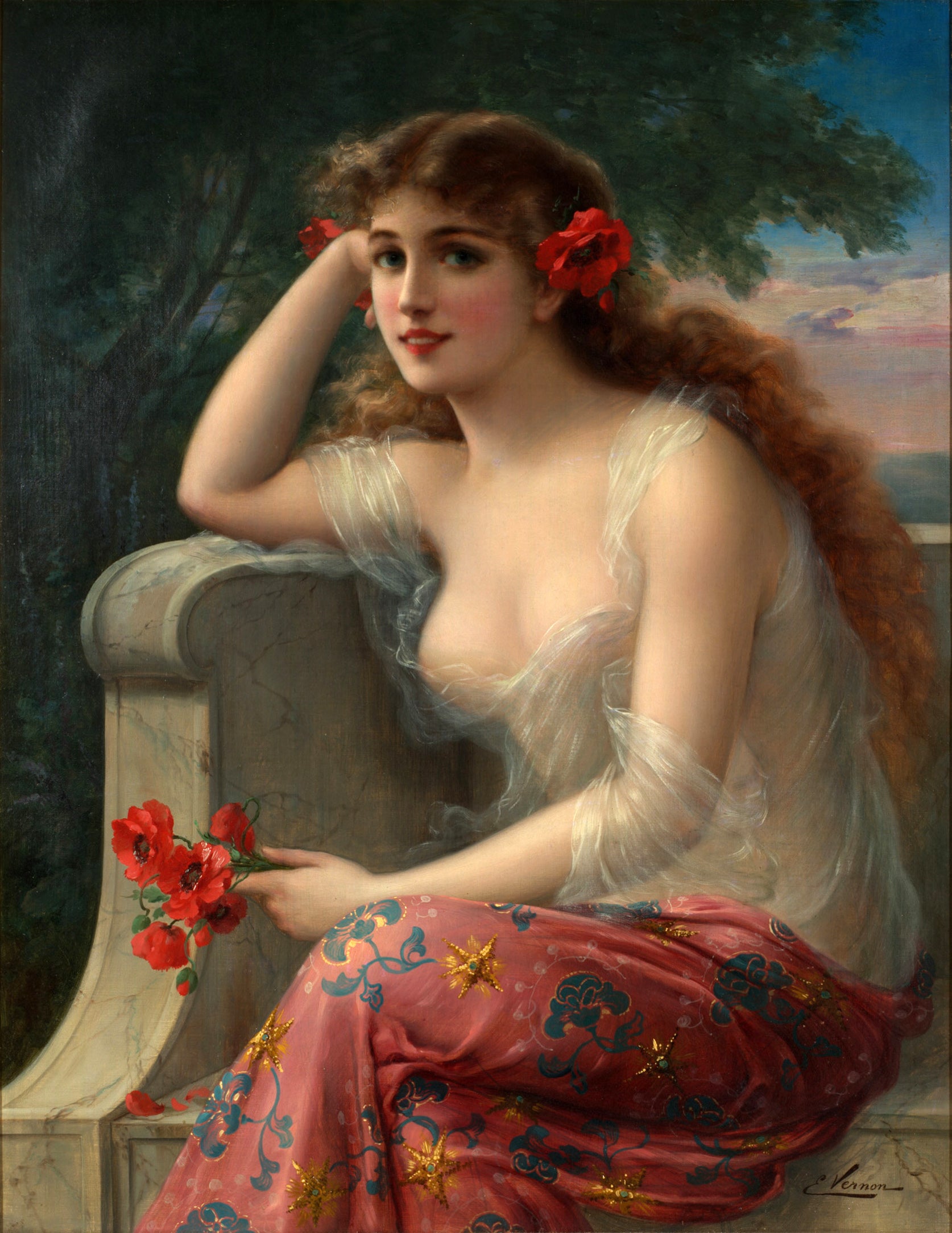 Jeune fille au coquelicot – Émile Vernon, peinture de coquelicots