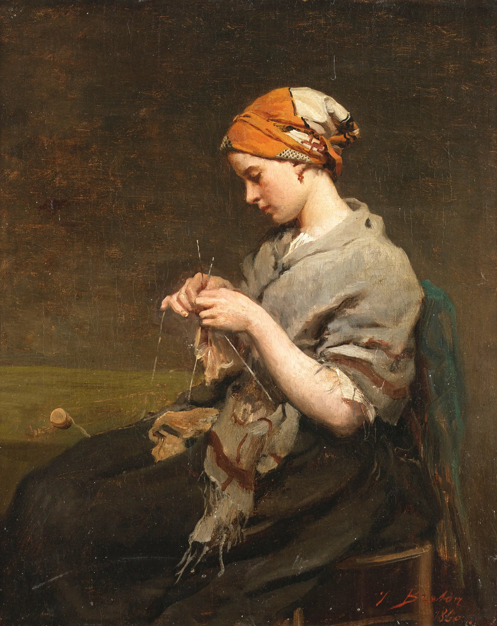 Jeune fille tricotant (version 2) - Jules Breton - Alpha Reproduction