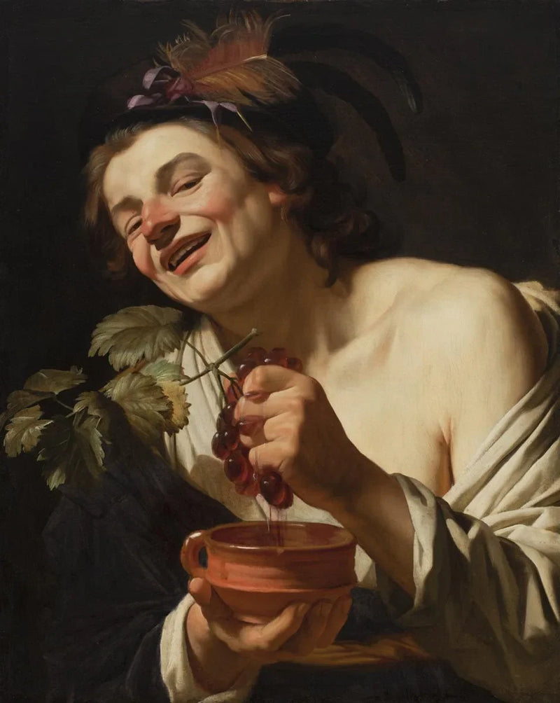 улыбающийся молодой человек, раздавливающий виноград - Gerrit van Honthorst