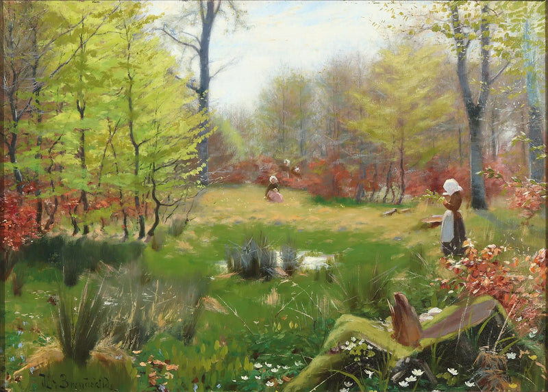 Молодые девушки, собирающие анемоны в весеннем лесу - H. A. Brendekilde