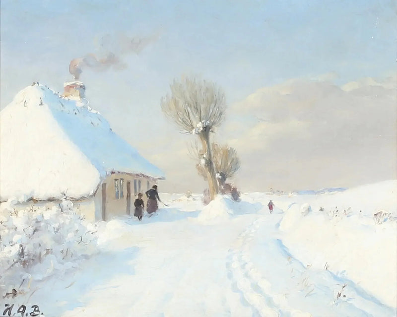 Солнечный зимний день с матерью и ребенком перед шале. - H. A. Brendekilde