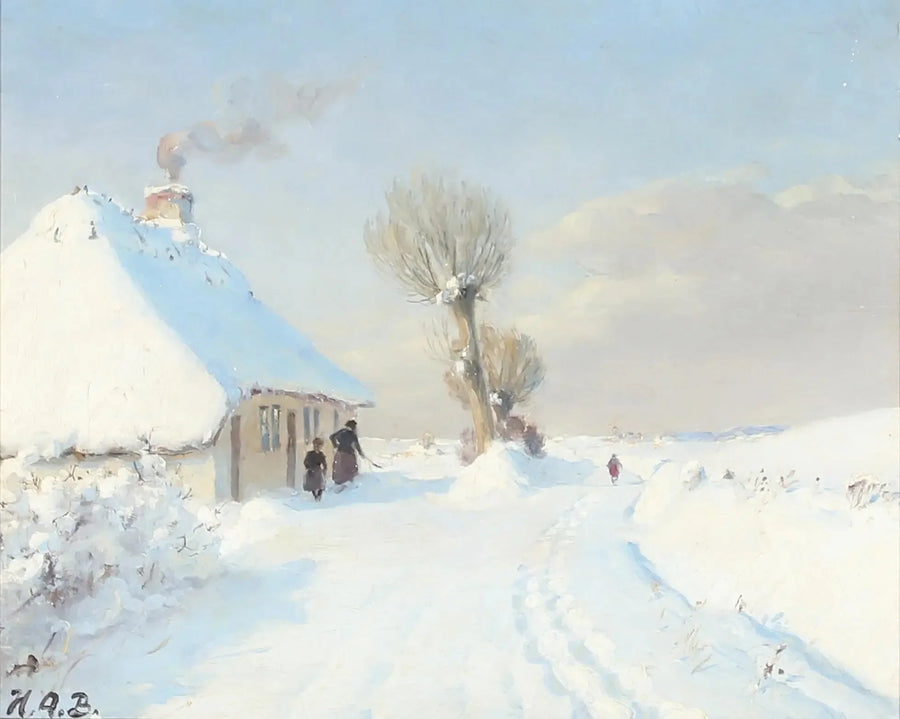 Солнечный зимний день с матерью и ребенком перед шале. - H. A. Brendekilde