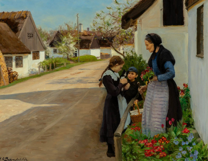 Весенний день в деревне. Котёнок подарен бабушке. - H. A. Brendekilde