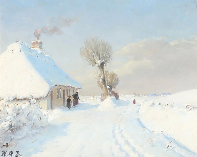 Солнечный зимний день с матерью и ребенком перед шале. - H. A. Brendekilde