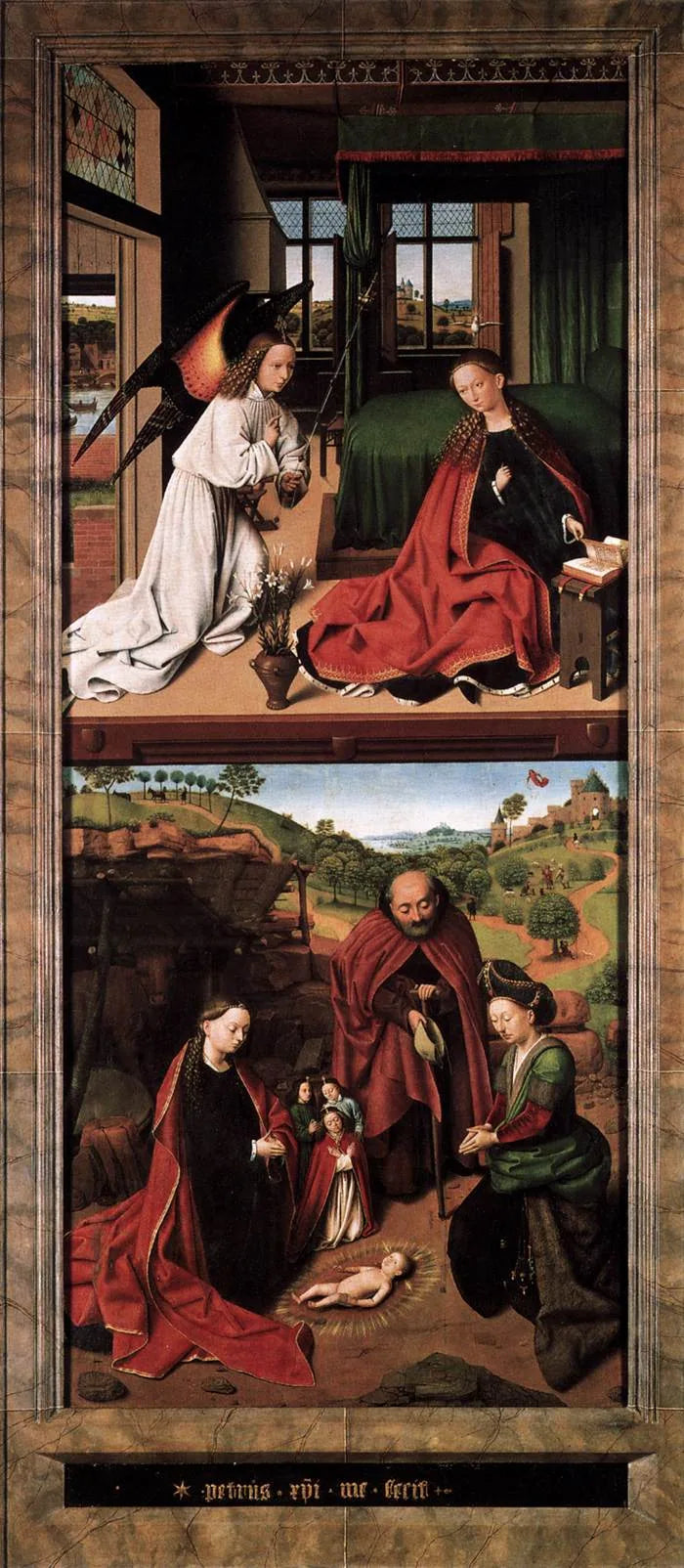 Поклонение младенцу Иисусу; на заднем плане — Благовещение пастухам. - Petrus Christus