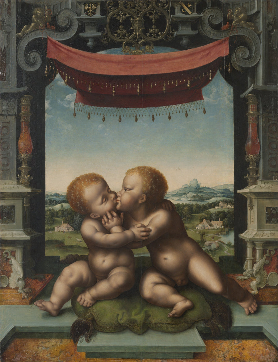 Младенец Иисус и святой Иоанн Креститель обнимаются - Joos van Cleve