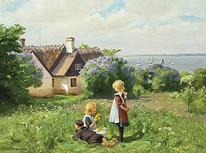Лето у фьорда Роскилле, дети делают цветочные венки. - H. A. Brendekilde