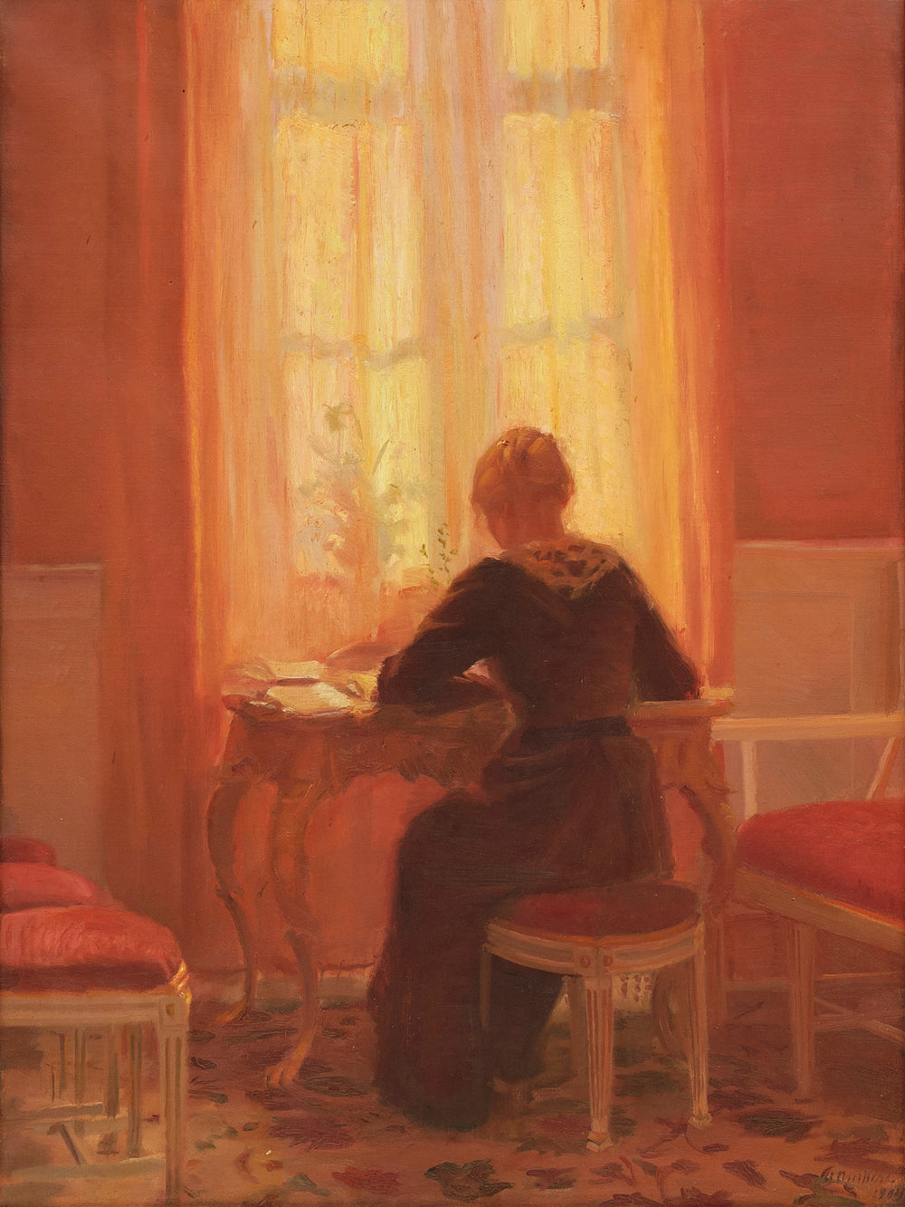 La chambre rouge - Intérieur avec Helga, la fille de l'artiste. - Anna Ancher image 1 reproduction de peinture à l’huile