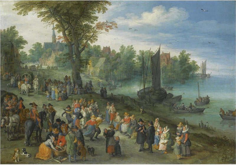 La lisière d'un village avec des personnages dansant sur la rive d'une rivière, un vendeur de poisson et un autoportrait de l'artiste - Jan Brueghel l'Ancien