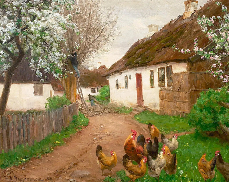 Жизнь деревни в один весенний день с людьми и деревьями. - H. A. Brendekilde