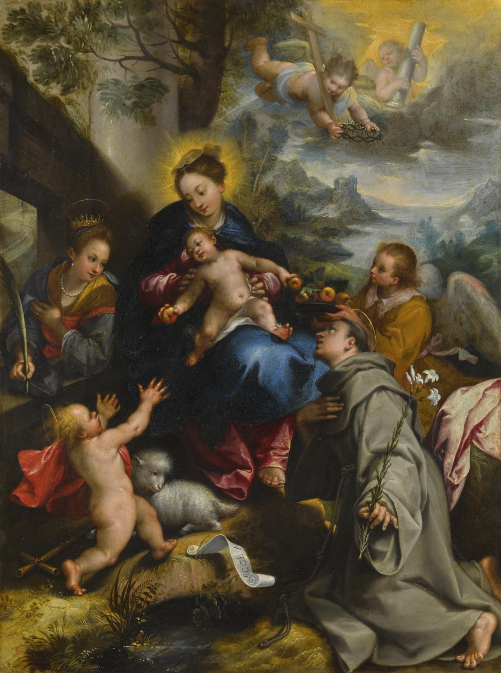 La Vierge à l’Enfant avec sainte Catherine saint Dominique et le petit saint Jean-Baptiste un paysage au-delà - Denis