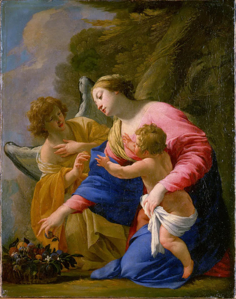 Дева и младенец с корзиной фруктов и ангелом на пейзаже - Simon Vouet