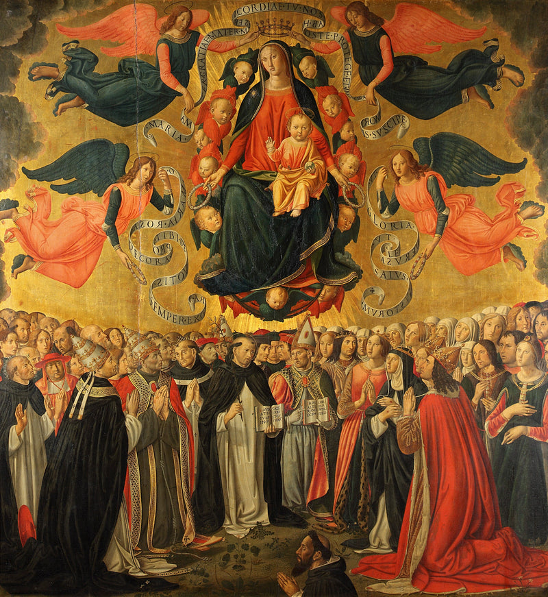Дева Мария с Младенцем Иисусом в славе, почитаемая ангелами, святыми, молитвами и донатором. - Cosimo Rosselli