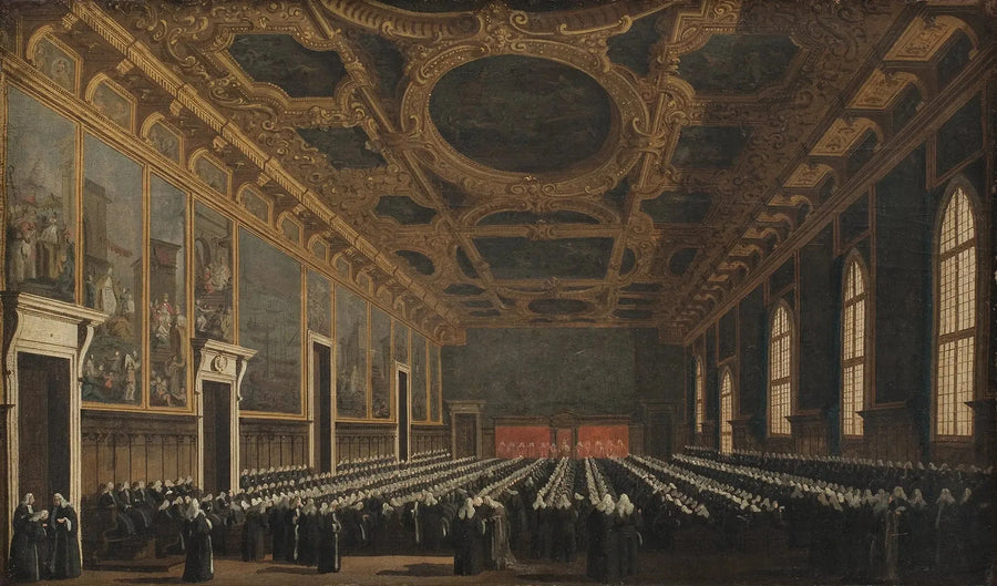 Дож и Большой Совет в зале Sala del Maggior Consiglio - Каналетто