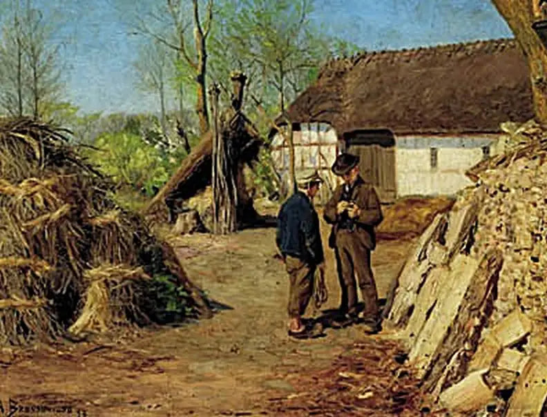 Сын молодого фермера говорит с молодым крестьянином. - H. A. Brendekilde