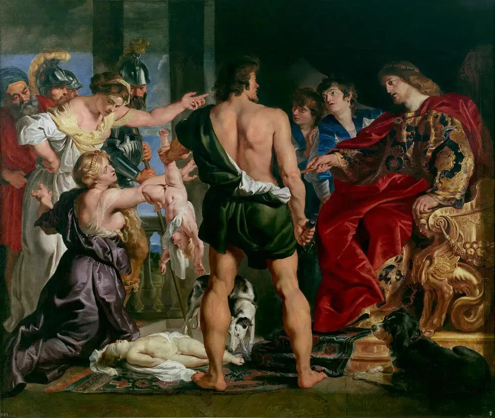 Le jugement de Salomon : Salomon rend son verdict ; il ordonne à un soldat de diviser l'enfant vivant en deux ; la vraie mère s'oppose au verdict de Salomon (1 Rois 3:25-27) - Peter Paul Rubens image 1 tableau peint à l’huile sur toile