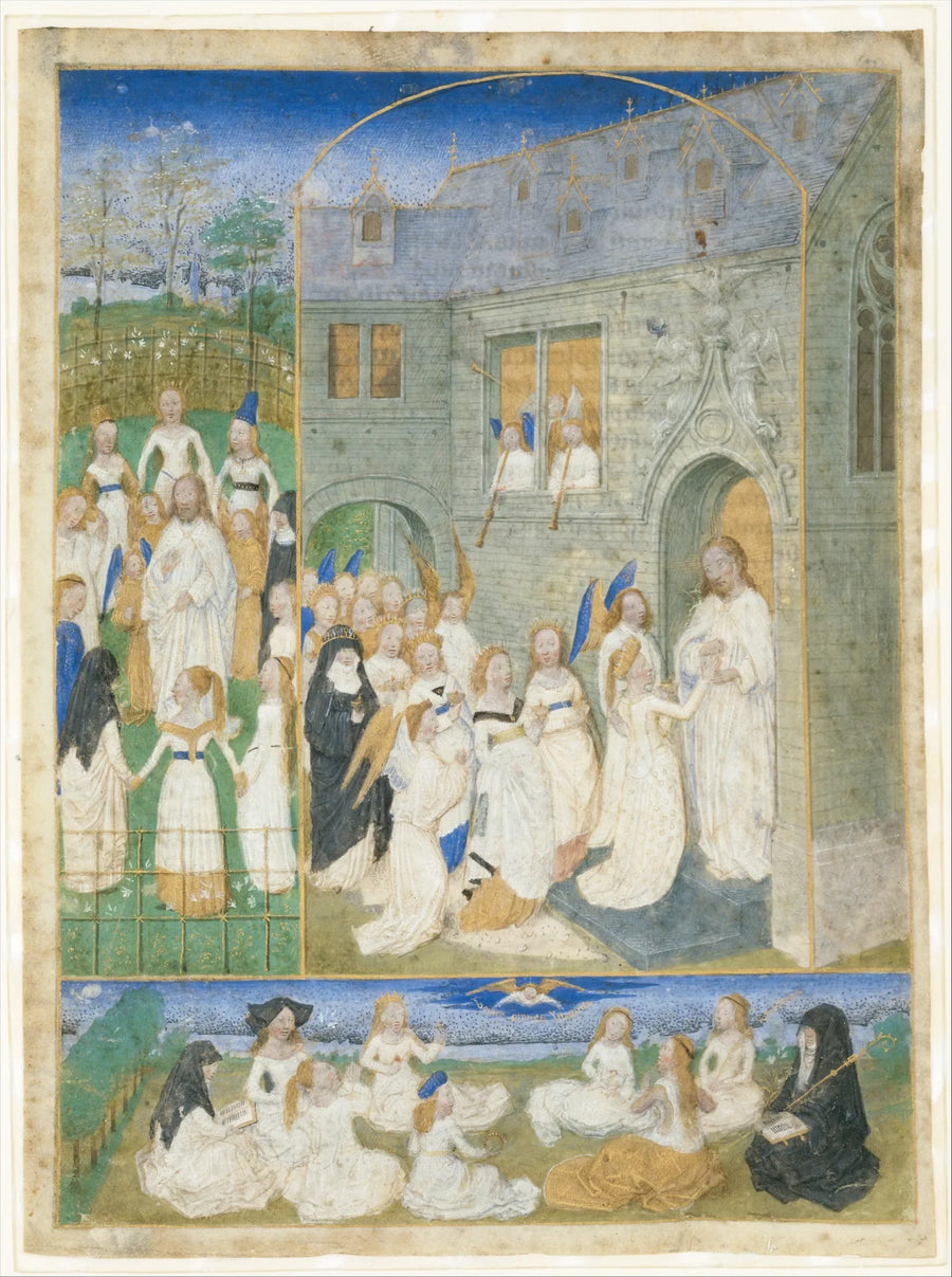 Les Saintes Vierges accueillies par le Christ à leur entrée aux portes du Paradis - Simon Marmion