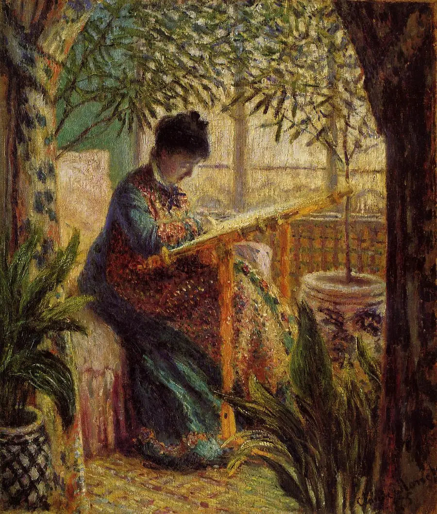 Reproduction du tableau « Madame Monet Embroidering (Camille au métier) - Claude Monet » par Alpha Reproduction en peinture à l’huile