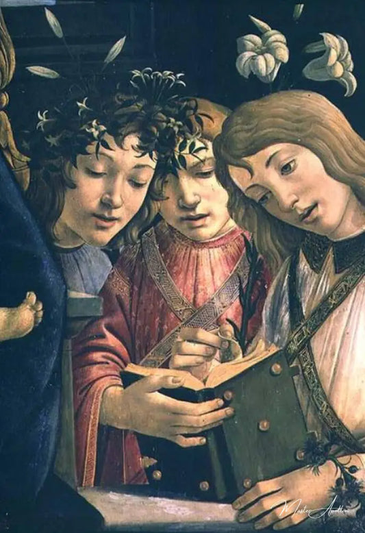 Madone et enfant avec le jeune saint Jean-Baptiste et des anges : détail montrant trois anges - Sandro Botticelli - Reproductions de tableaux et peintures haut de gamme