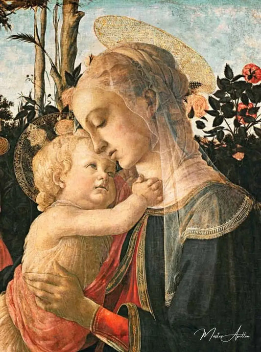 Madone et enfant avec saint Jean Baptiste, détail de la Madone et de l'enfant - Sandro Botticelli - Reproductions de tableaux et peintures haut de gamme