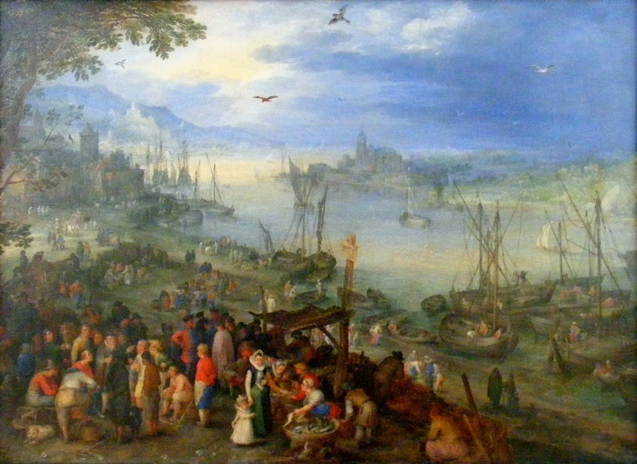 Marché de poissons sur les rives d'une rivière - Jan Brueghel l'Ancien