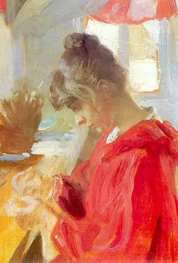Marie est assise à une table en train de coudre - Peder Severin Krøyer - Alpha Reproduction