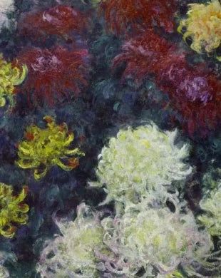 Détail des fleurs jaunes, pourpres et vertes dans le Massif de chrysanthèmes W1496 de Monet