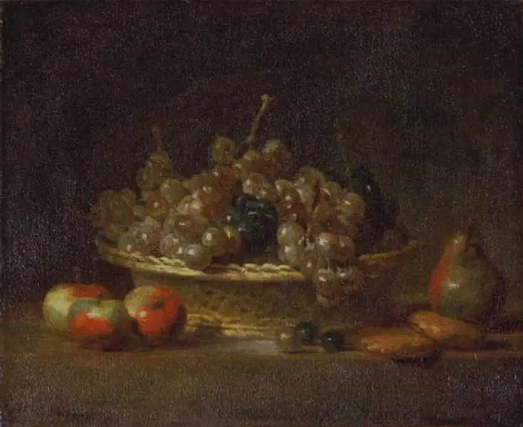 Натюрморт с корзиной изюма, тремя яблоками, грушей и двумя марципанами - Жан Симéон Шарден