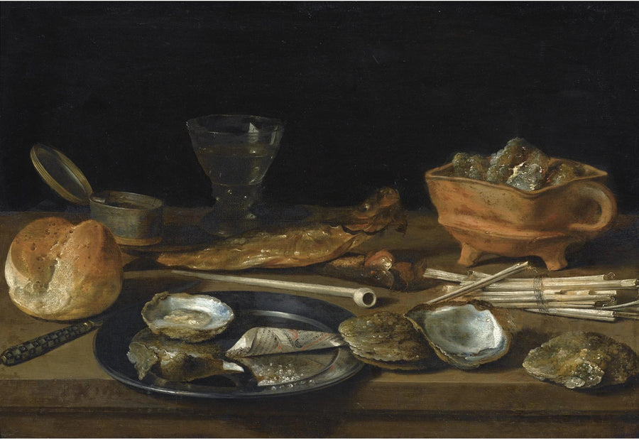 Nature morte avec ustensiles pour fumer, huîtres et morceau de pain, datée 1624 - Pieter Claesz