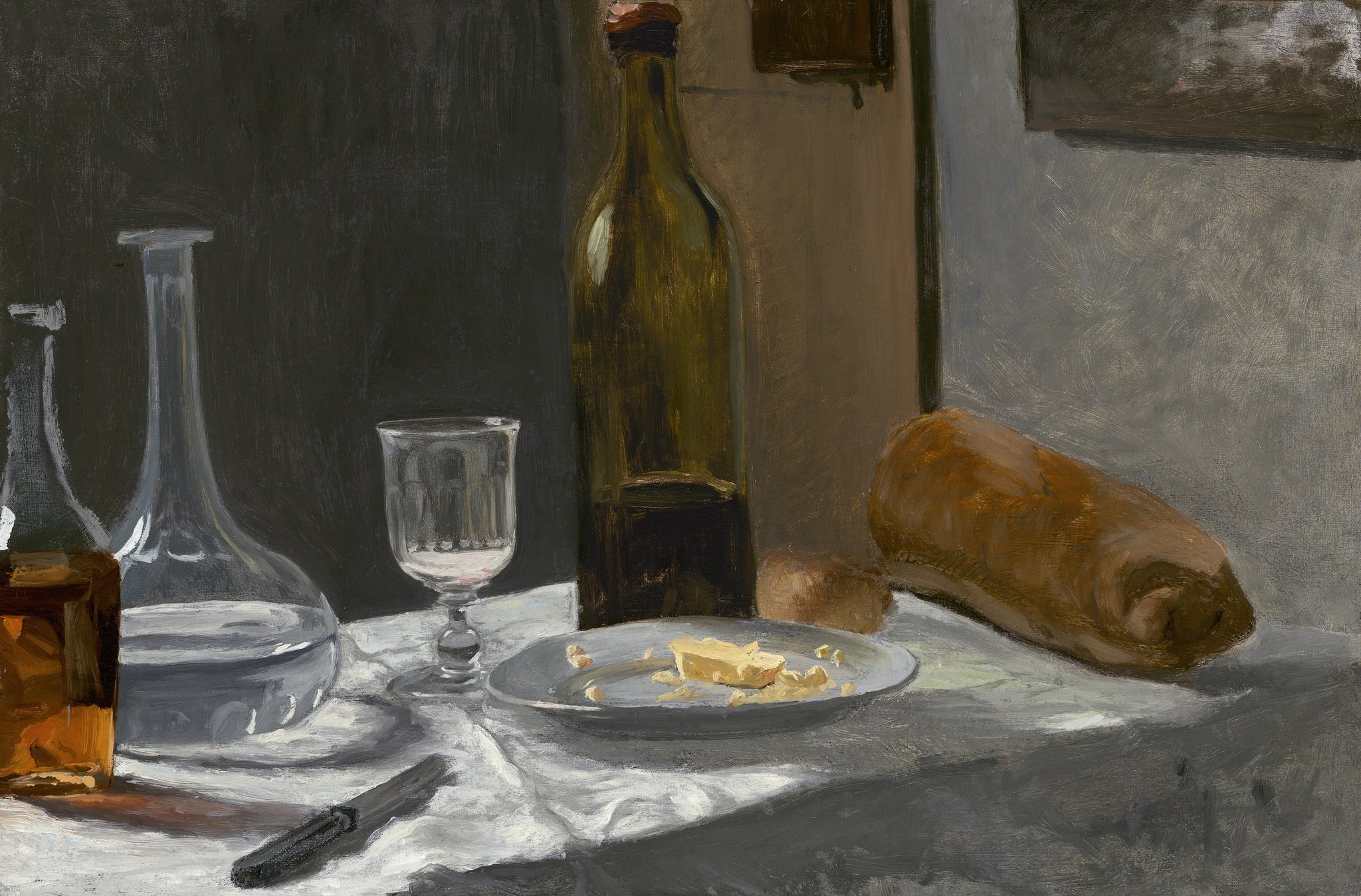 Nature morte avec bouteille carafe pain et vin W13 par Claude Monet, vers 1862–1863, National Gallery of Art