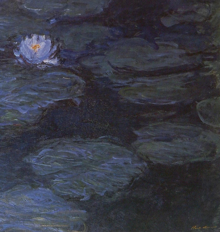Détail de la fleur supérieure, des grands nénuphars et de la signature de Monet dans W1506