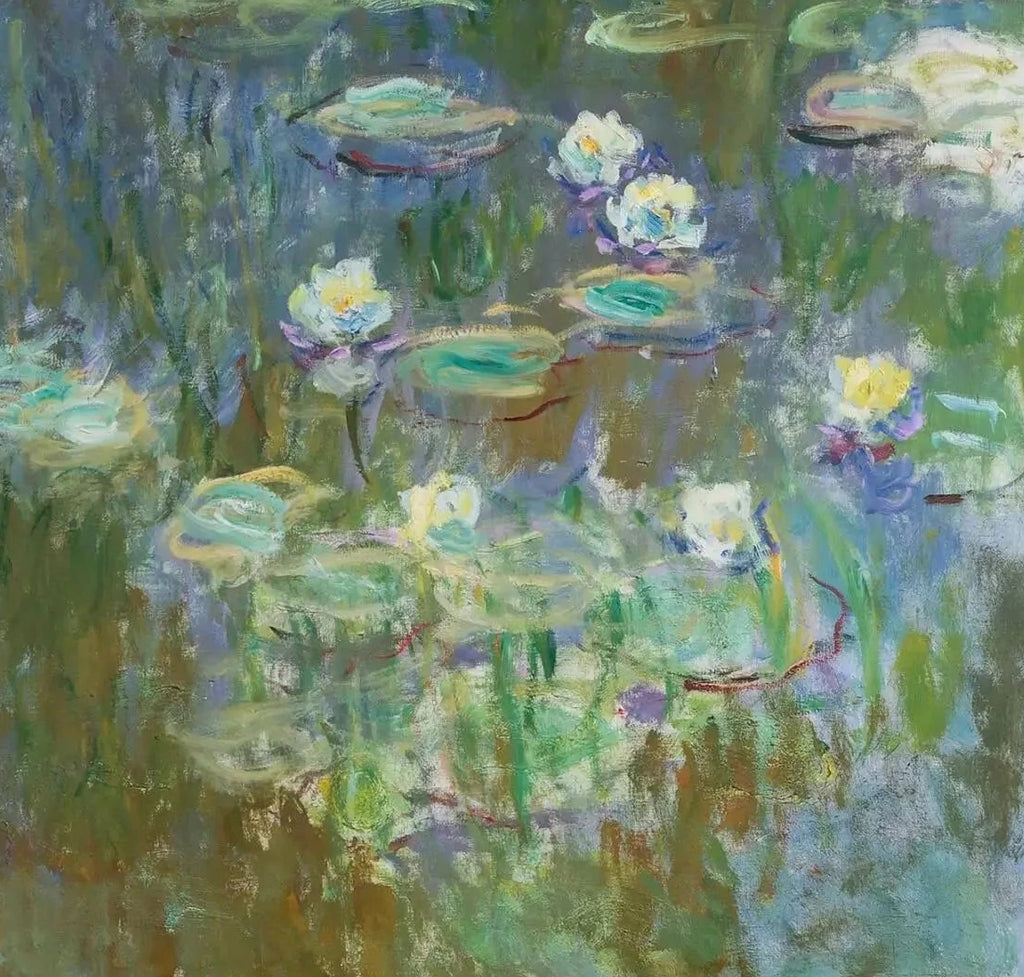 Détail des feuilles turquoise et des reflets vert bleu dans Water Lilies de Monet
