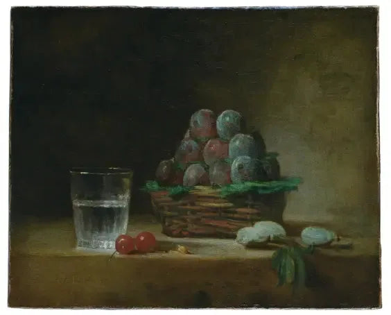 Корзина с черносливом, стакан воды, вишни - Жан-Симеон Шарден