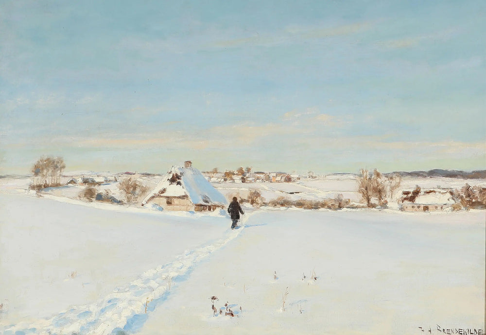 Par une belle journée d’hiver un homme marche vers une ferme. - H. A. Brendekilde - Alpha Reproduction