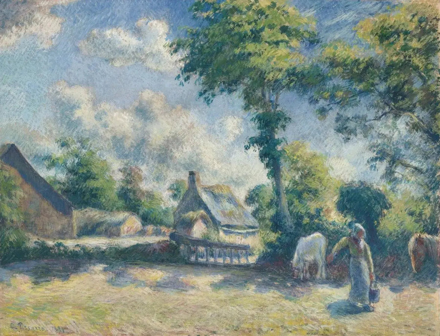 Пейзаж в Меллерае, женщина поит лошадей - Камиль Писсарро