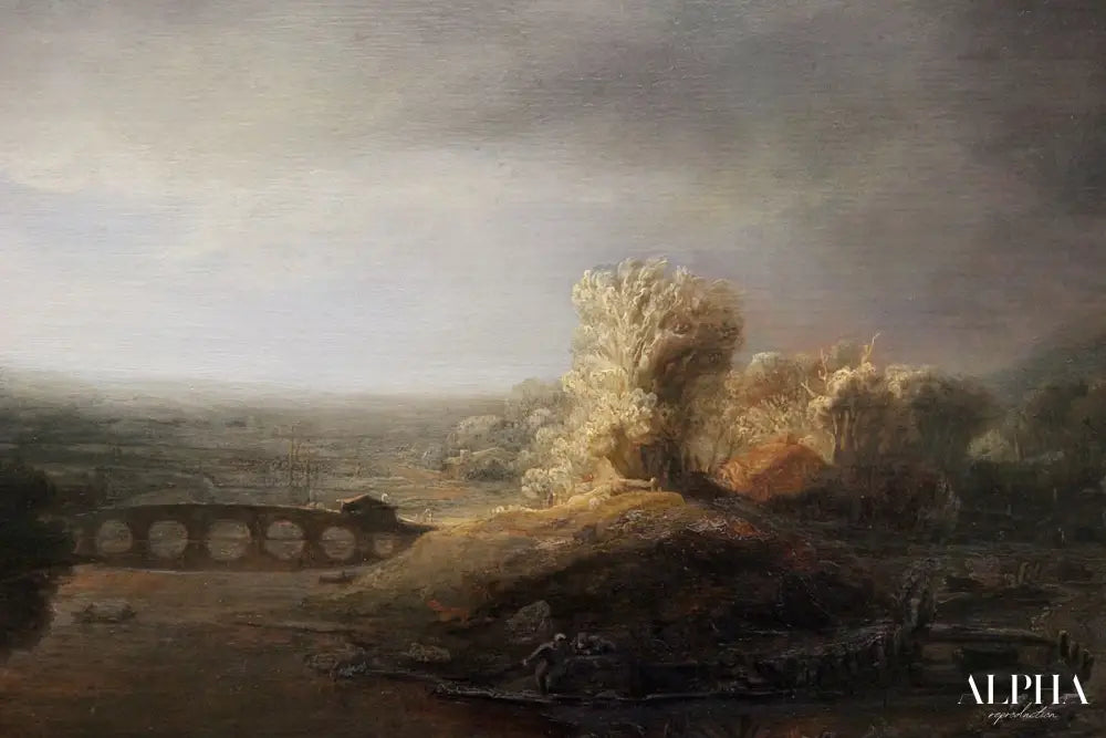 Paysage avec pont en arc - Rembrandt van Rijn - Reproductions de tableaux et peintures haut de gamme