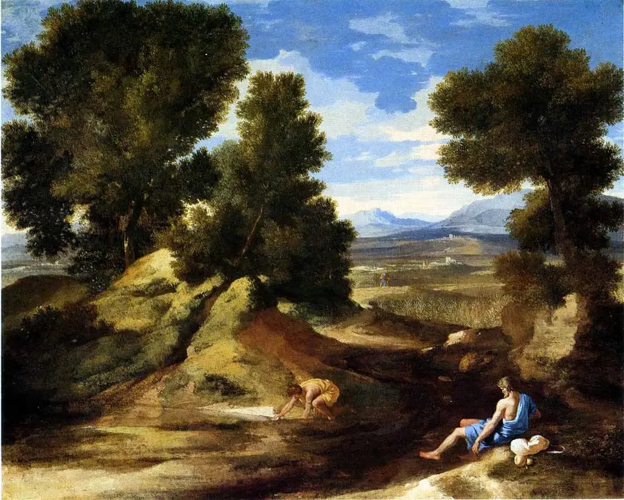 Пейзаж с мужчиной, пьющим - Nicolas Poussin