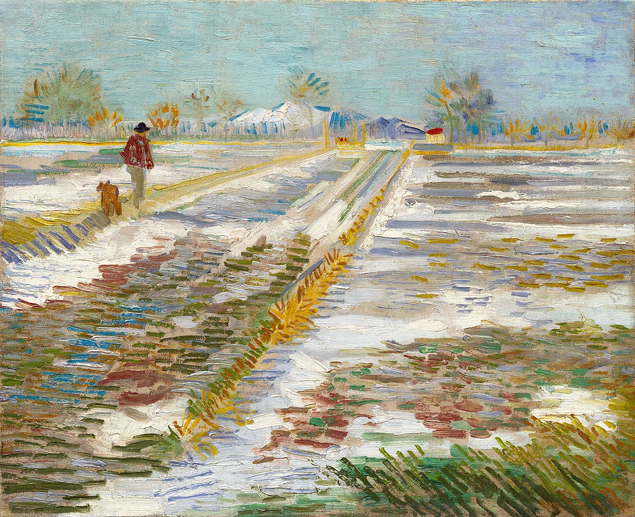 Paysage avec neige, F290 — chemin, champs enneigés, homme et chien peints par Vincent van Gogh à Arles